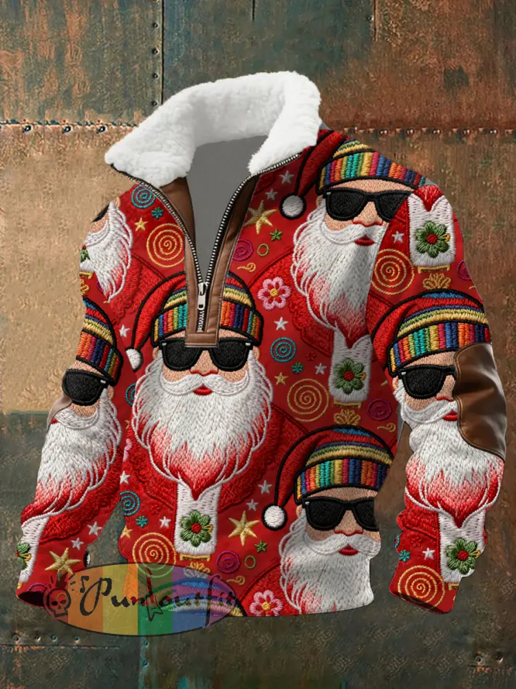 Men’s Retro Groovy Hippie Santa Print Casual Zipper Fur-Collar Pullover