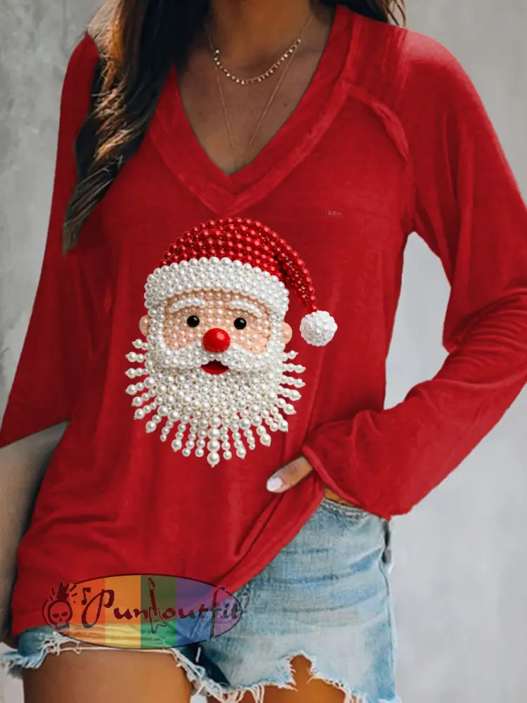 Women’s Christmas Pearl Santa Claus Print Casual Long-Sleeve V-Neck T-Shirt