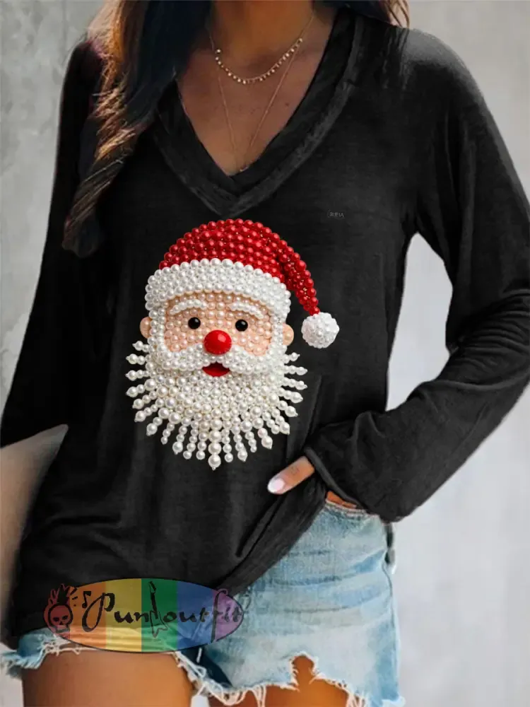 Women’s Christmas Pearl Santa Claus Print Casual Long-Sleeve V-Neck T-Shirt