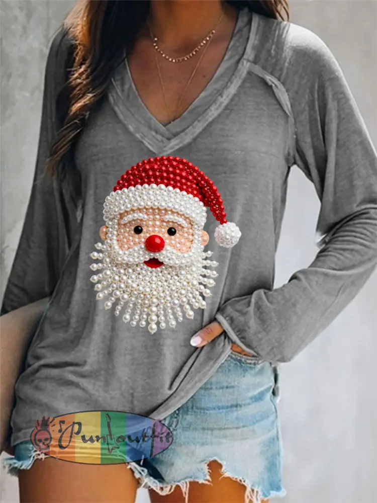 Women’s Christmas Pearl Santa Claus Print Casual Long-Sleeve V-Neck T-Shirt