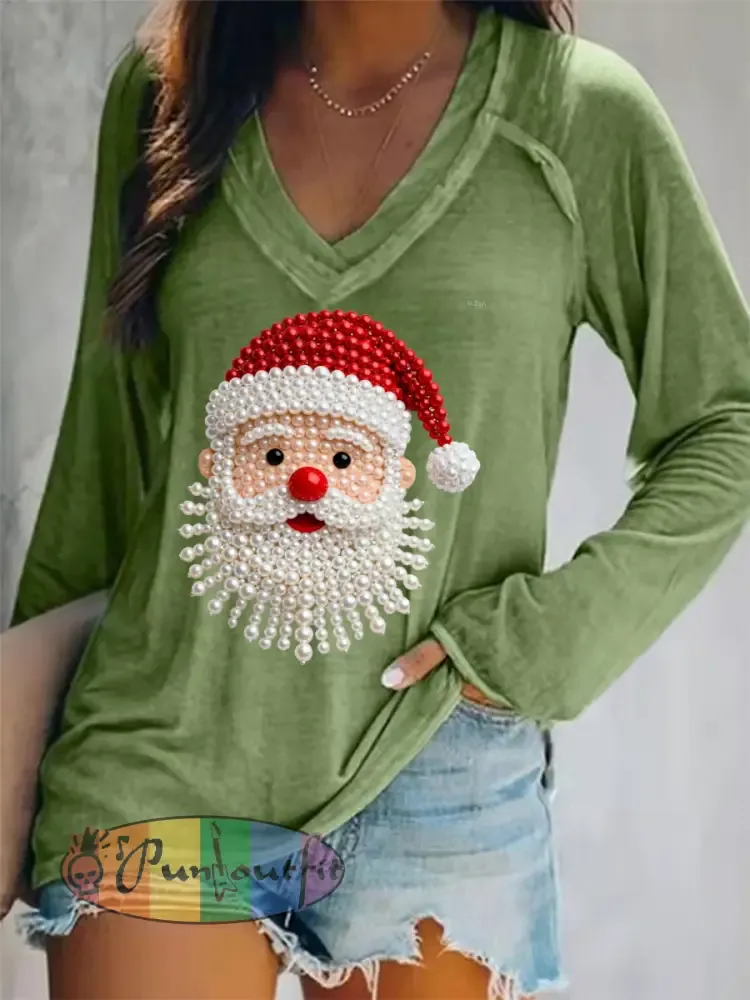 Women’s Christmas Pearl Santa Claus Print Casual Long-Sleeve V-Neck T-Shirt