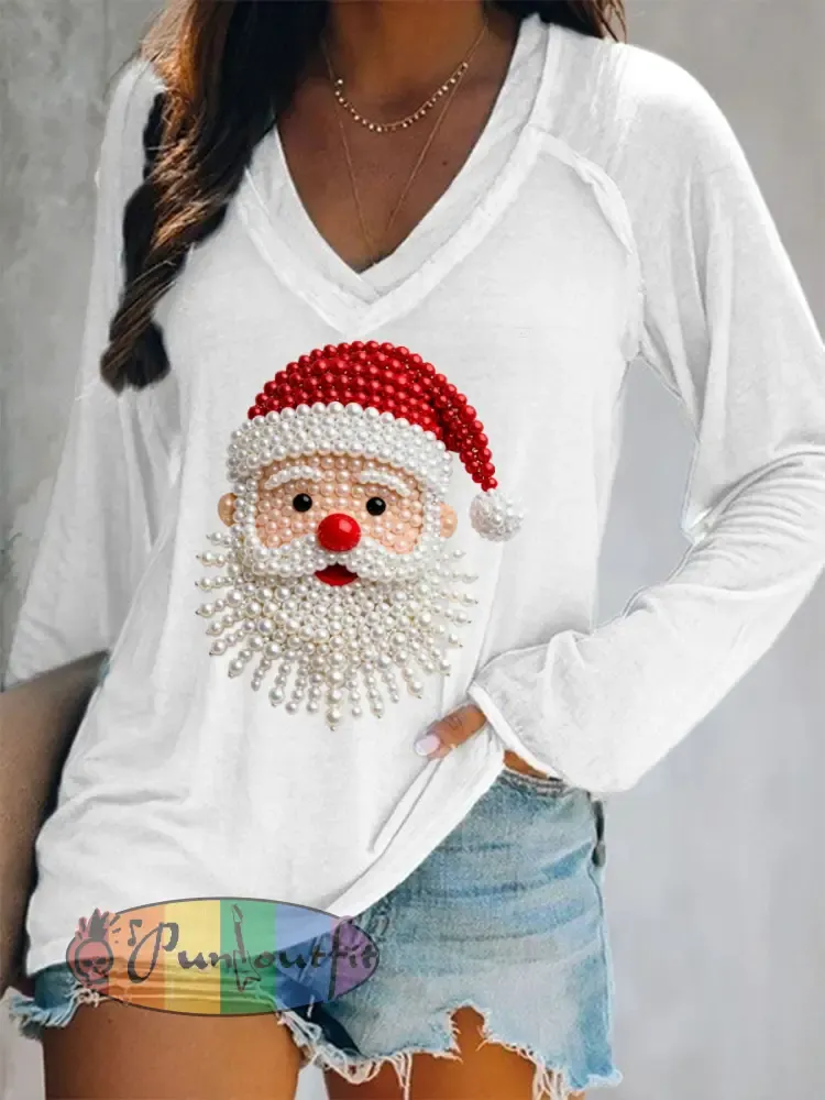 Women’s Christmas Pearl Santa Claus Print Casual Long-Sleeve V-Neck T-Shirt