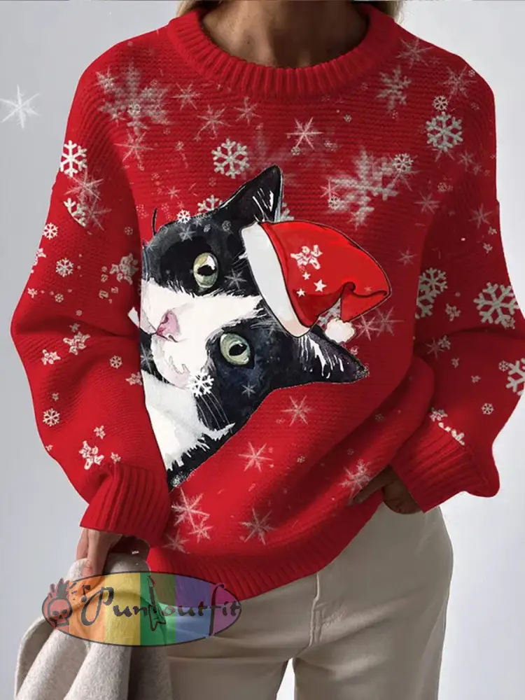 Women’s Christmas cat Printed imitation sweater