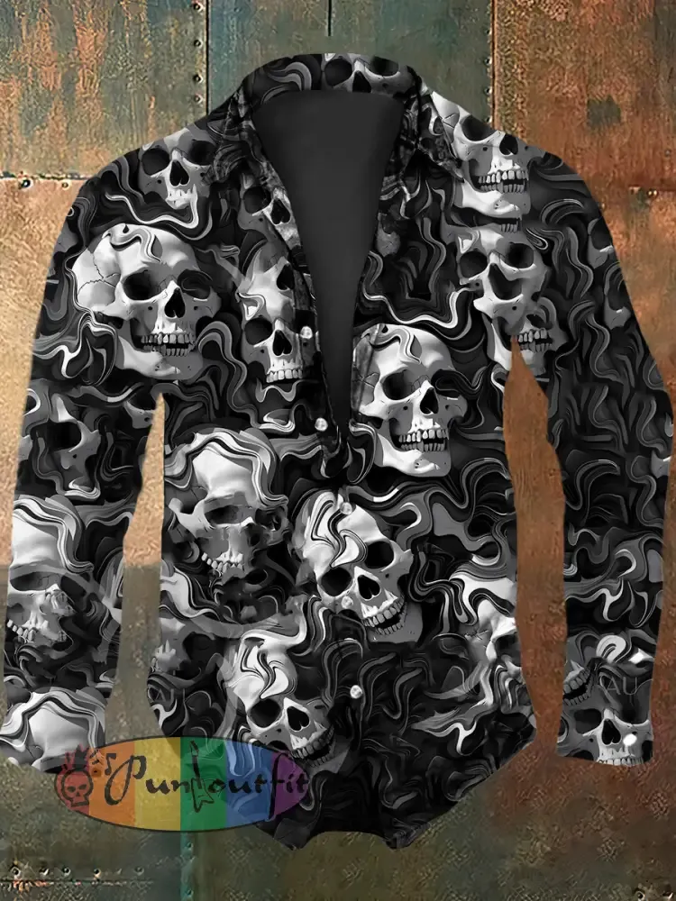 Men’s Retro Halloween Party Shiny Mirrored Skull Abstract Print Casual Long Sleeve Shirt