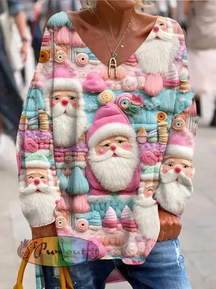 Retro Christmas Fun And Cute Printed Fashionable Crew Neck Top