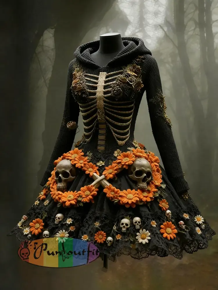 Retro Halloween Skull Floral Abstract Print Casual Mini Hooded Sweatshirt Dress
