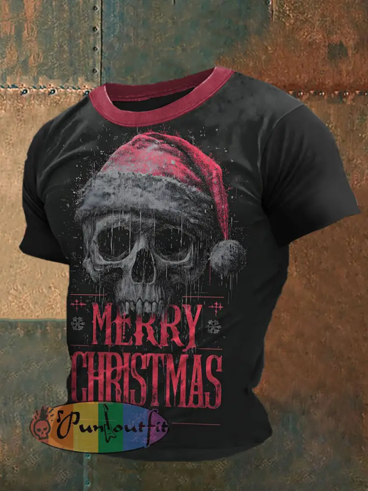 Men’s Gothic Christmas Printed Vintage Fashion Loose Short Sleeve T-Shirt