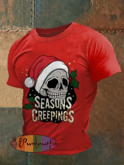 Men’s Gothic Christmas Printed Vintage Fashion Loose Short Sleeve T-Shirt