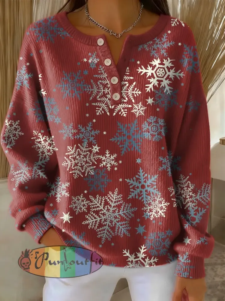 Women’s Retro Christmas Snowflake Art Print Long-sleeve Sweater