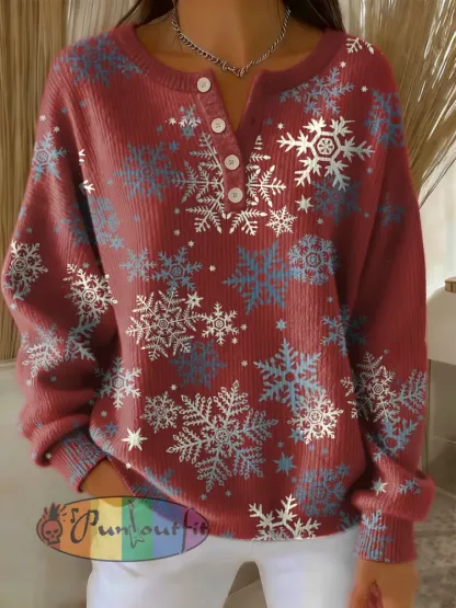 Women’s Retro Christmas Snowflake Art Print Long-sleeve Sweater