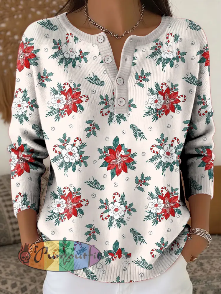 Women’s Vintage Christmas Tree Floral Art Print Long-sleeve Sweater