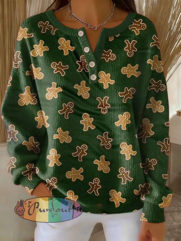 Women’s Retro Christmas Gingerbread Man Art Print Long-sleeve Sweater