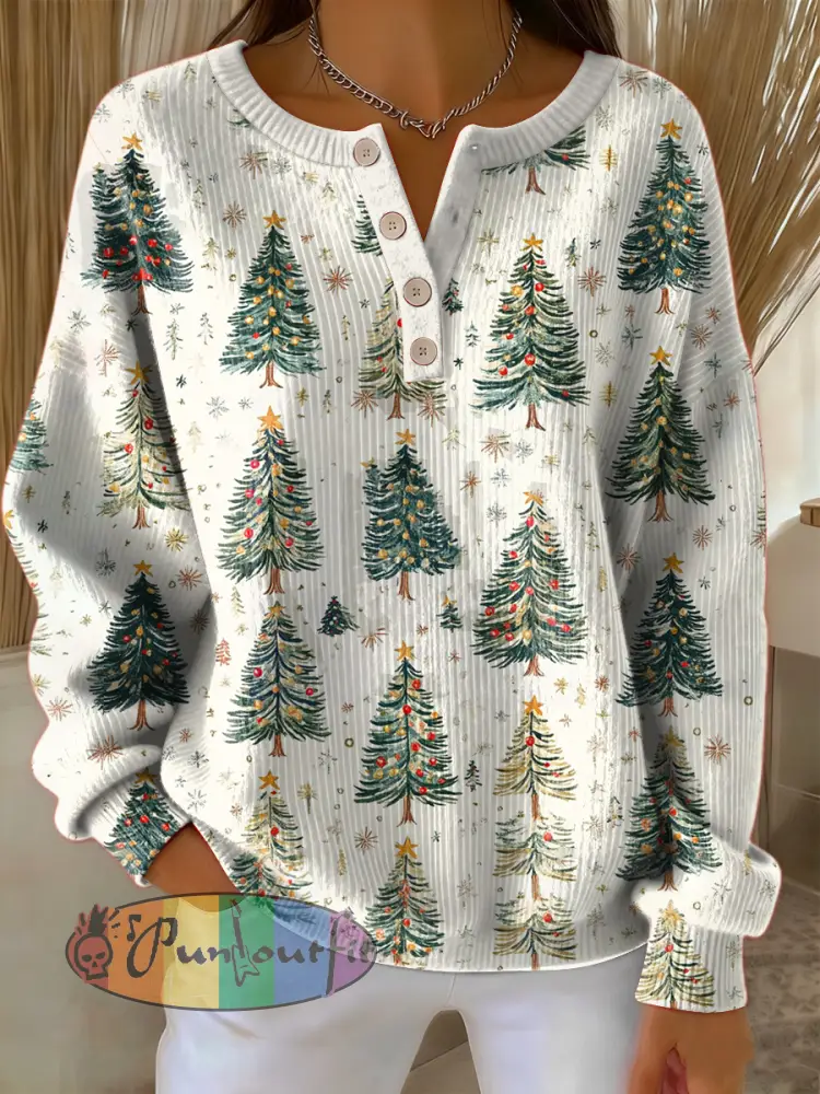 Women’s Retro Christmas Tree Art Print Long-sleeve Sweater