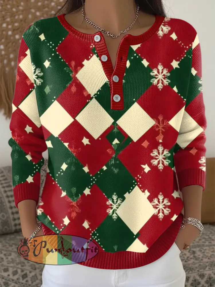 Women’s Christmas Red and Green Diamond Pattern Henley neck sweater