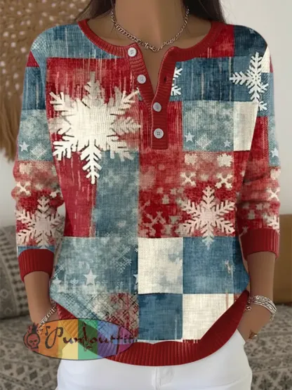 Women’s Christmas Patchwork Henley neck sweater