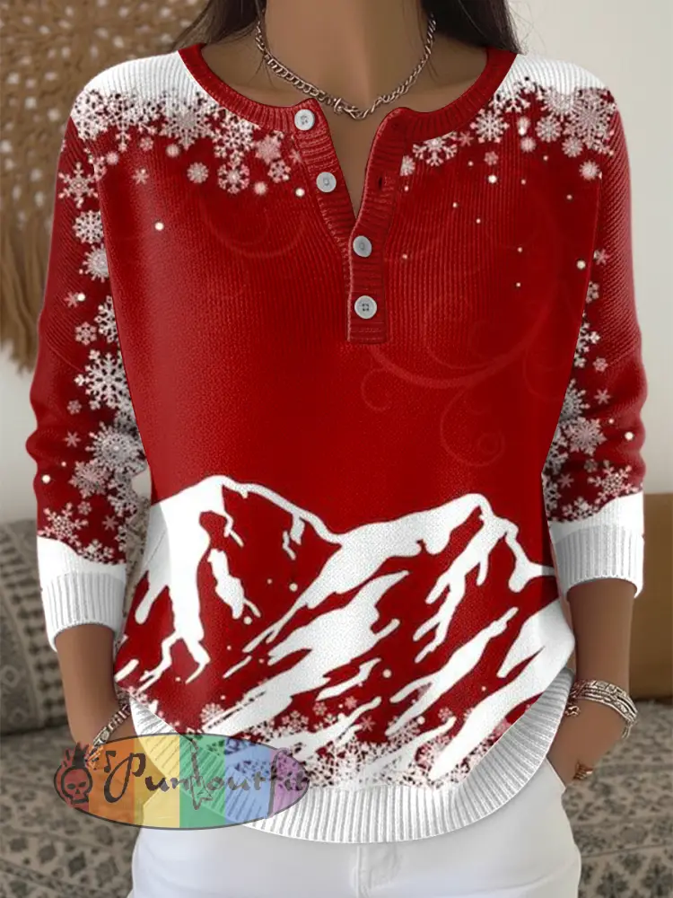 Women’s Christmas Snow Mountain Henley neck sweater