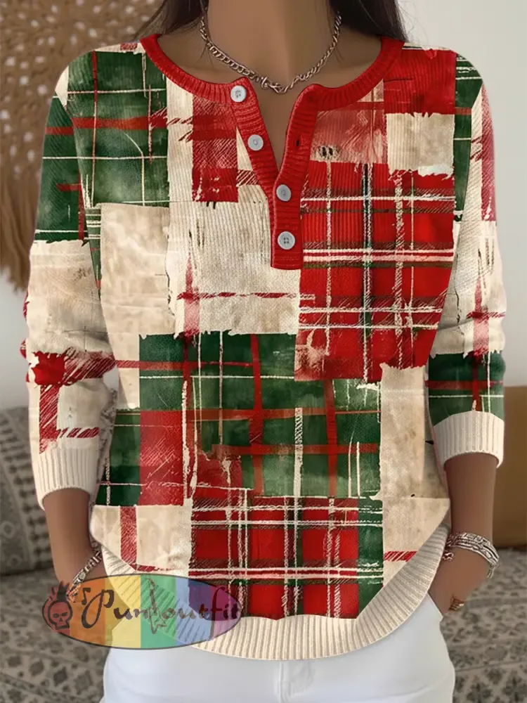 Women’s Vintage Christmas Patchwork Henley neck sweater