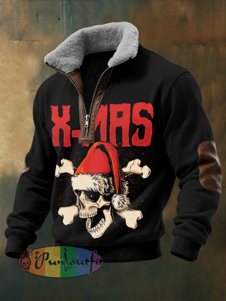 Men’s Gothic Christmas Skull Printed Long Sleeved Stand Up Collar Zipper Lamb Wool Top