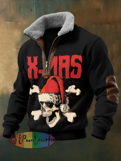 Men’s Gothic Christmas Skull Printed Long Sleeved Stand Up Collar Zipper Lamb Wool Top