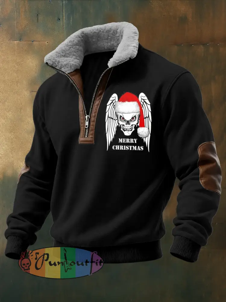 Men’s Gothic Christmas Skull Printed Long Sleeved Stand Up Collar Zipper Lamb Wool Top