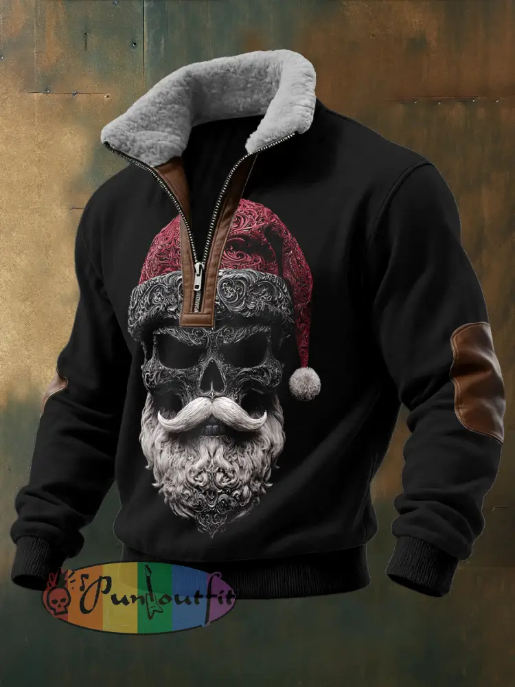 Men’s Gothic Christmas Skull Printed Long Sleeved Stand Up Collar Zipper Lamb Wool Top
