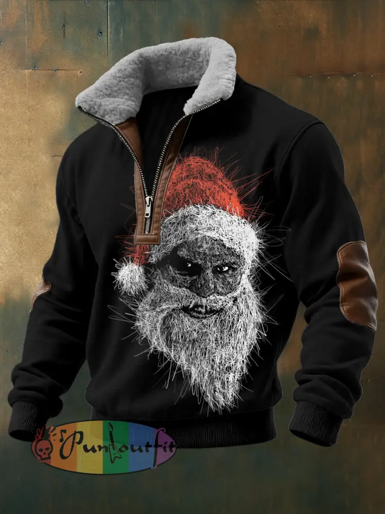 Men’s Gothic Christmas Skull Printed Long Sleeved Stand Up Collar Zipper Lamb Wool Top