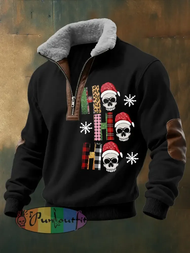 Men’s Gothic Christmas Skull Printed Long Sleeved Stand Up Collar Zipper Lamb Wool Top