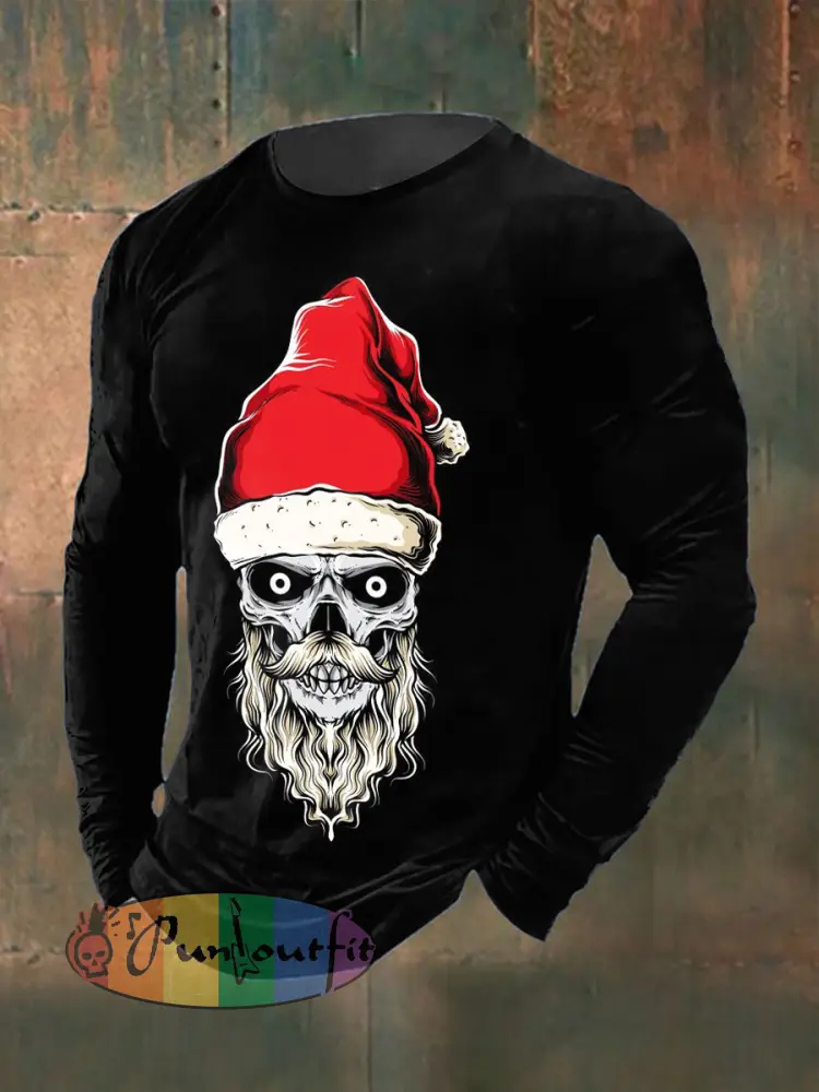 Men’s Gothic Christmas Skull Printed Long Sleeved Round Neck T-shirt