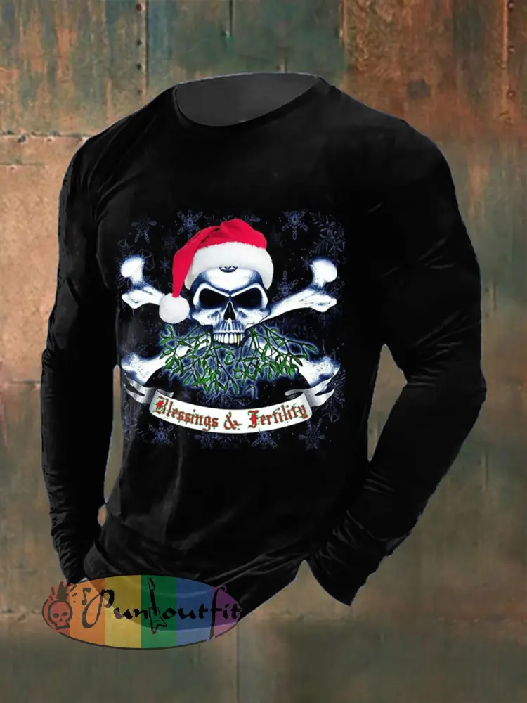 Men’s Gothic Christmas Skull Printed Long Sleeved Round Neck T-shirt