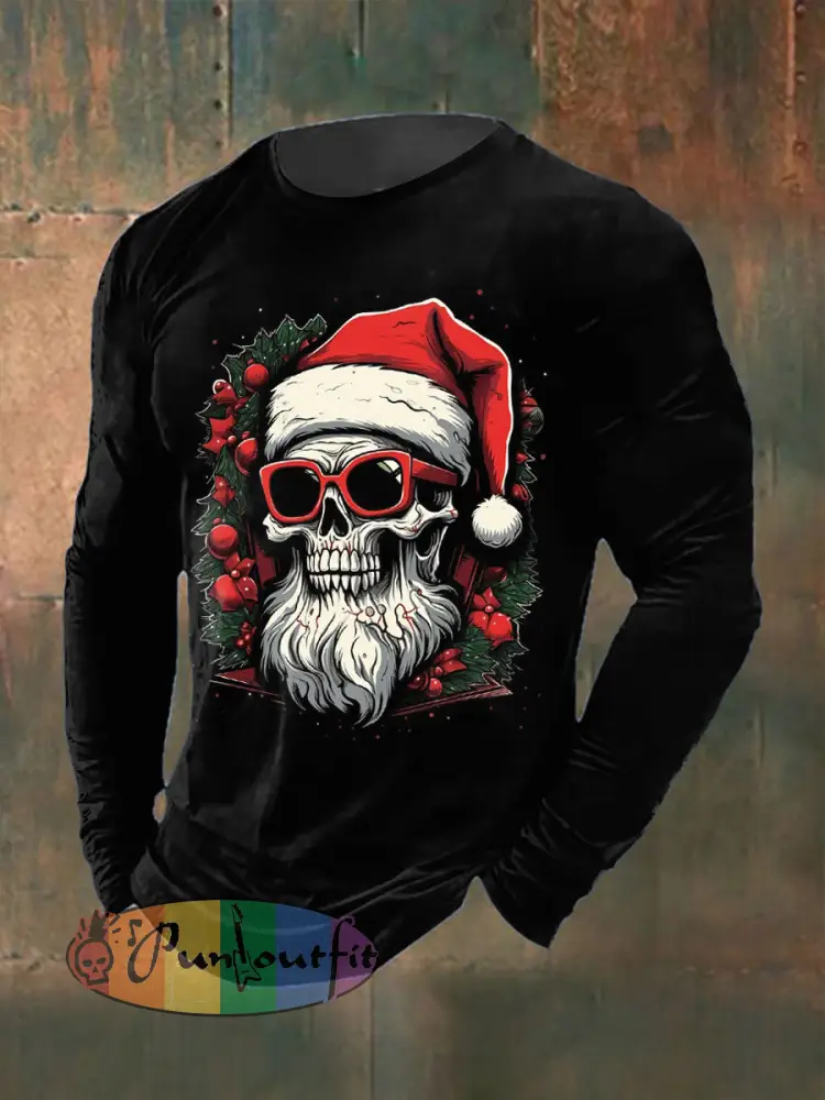 Men’s Gothic Christmas Skull Printed Long Sleeved Round Neck T-shirt