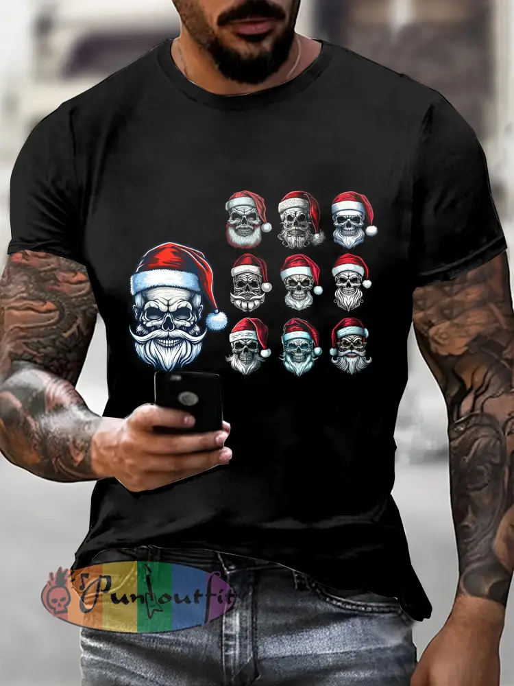 Men’s Gothic Christmas Skull Printed Vintage Fashion Loose Short Sleeve T-Shirt
