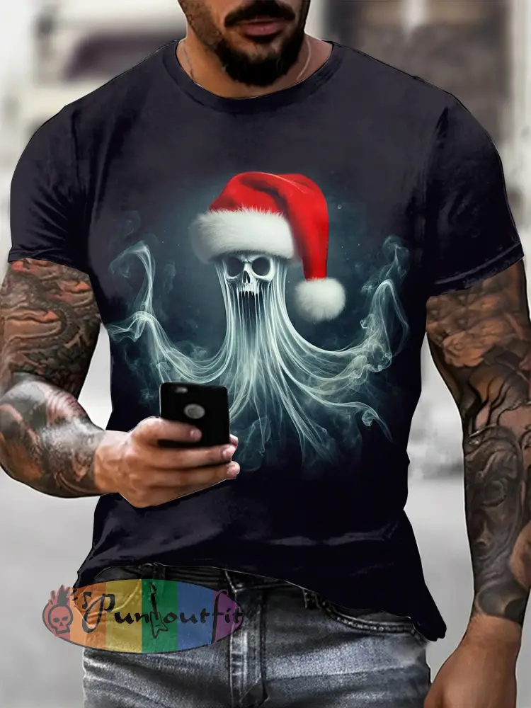 Men’s Gothic Christmas Printed Vintage Fashion Loose Short Sleeve T-Shirt