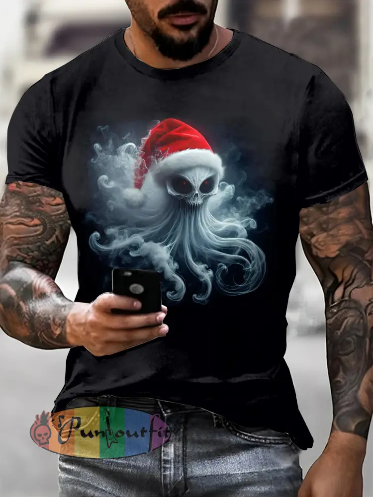 Men’s Gothic Christmas Printed Vintage Fashion Loose Short Sleeve T-Shirt