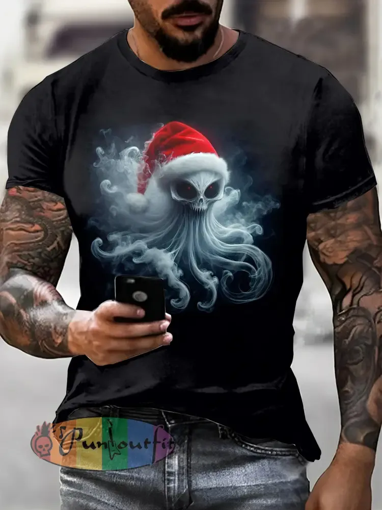 Men’s Gothic Christmas Printed Vintage Fashion Loose Short Sleeve T-Shirt