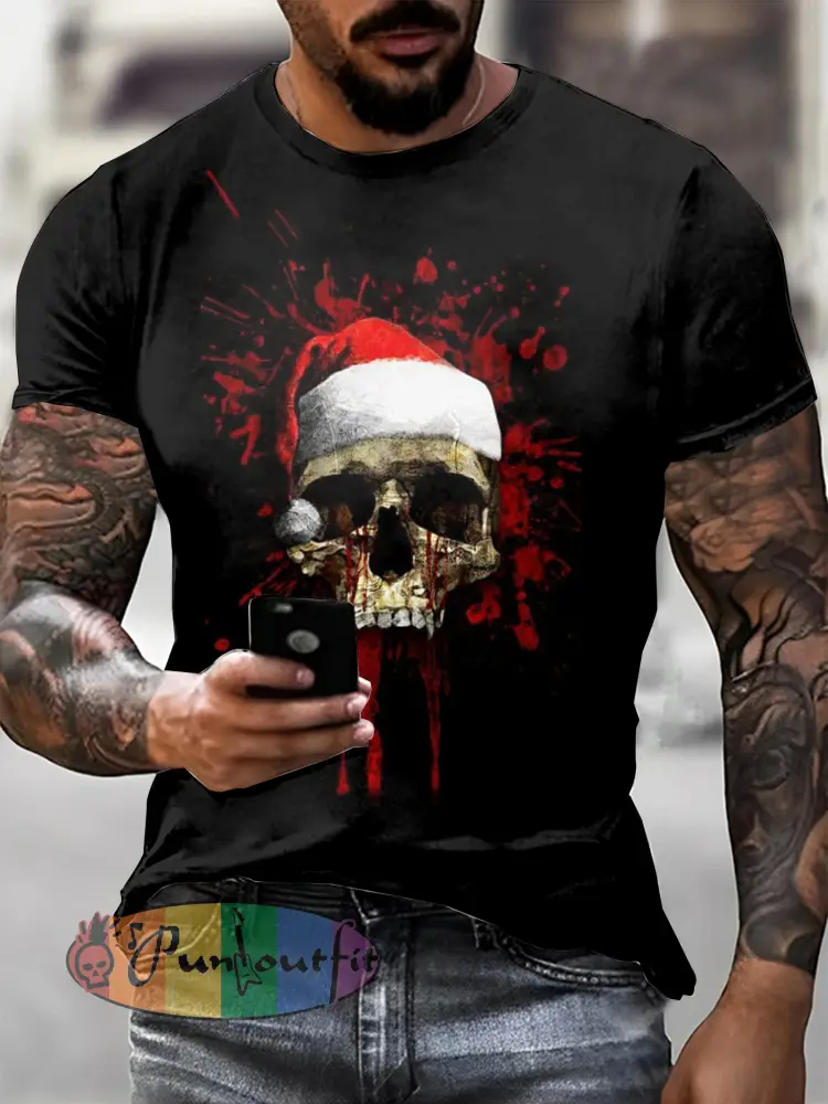 Men’s Gothic Christmas Skull Printed Vintage Fashion Loose Short Sleeve T-Shirt