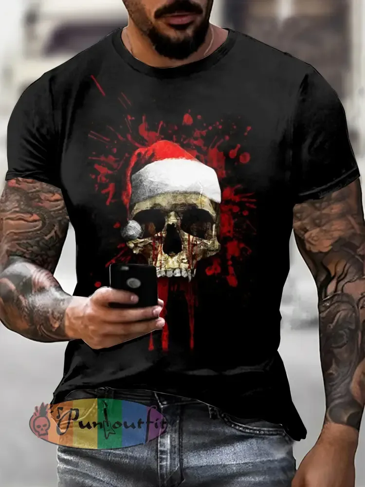 Men’s Gothic Christmas Skull Printed Vintage Fashion Loose Short Sleeve T-Shirt