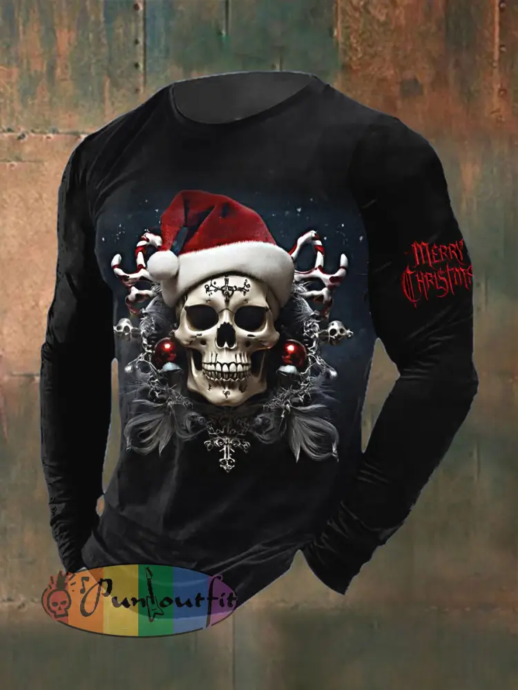Men’s Gothic Christmas Skull Printed Long Sleeved Round Neck T-shirt