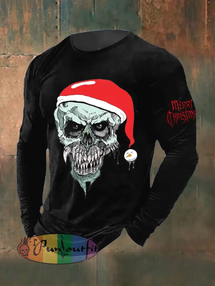 Men’s Gothic Christmas Skull Printed Long Sleeved Round Neck T-shirt