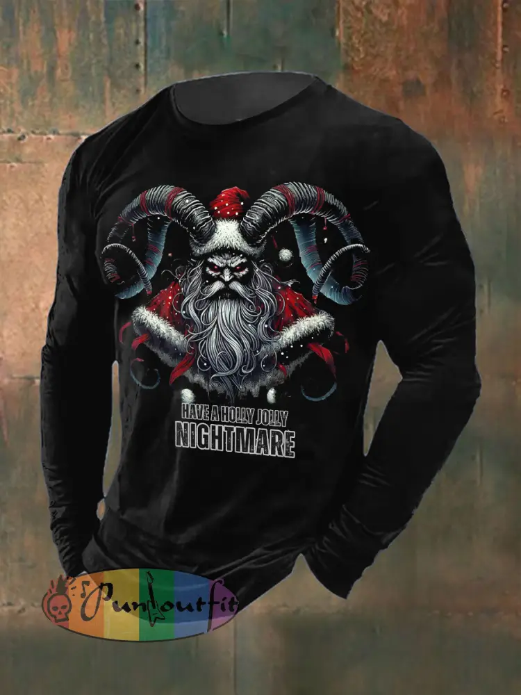 Men’s Gothic Christmas Skull Printed Long Sleeved Round Neck T-shirt