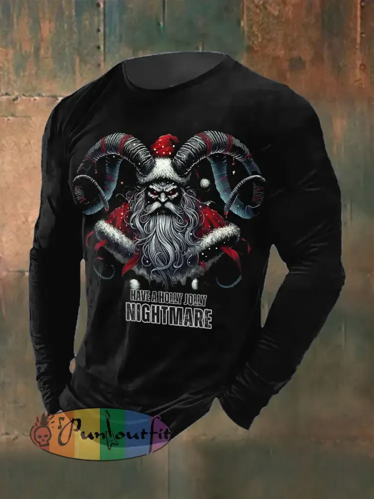 Men’s Gothic Christmas Skull Printed Long Sleeved Round Neck T-shirt
