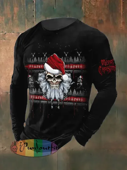 Men’s Gothic Christmas Skull Printed Long Sleeved Round Neck T-shirt
