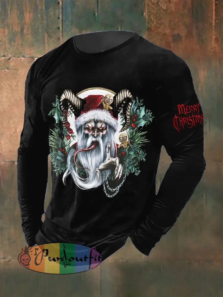 Men’s Gothic Christmas Skull Printed Long Sleeved Round Neck T-shirt