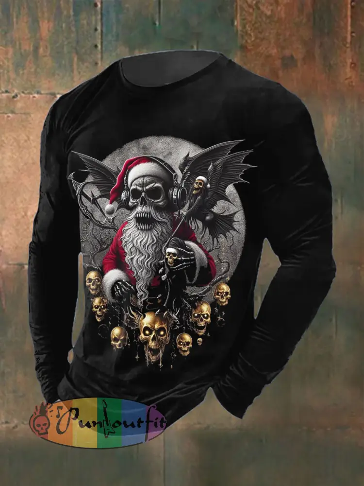 Men’s Gothic Christmas Skull Printed Long Sleeved Round Neck T-shirt