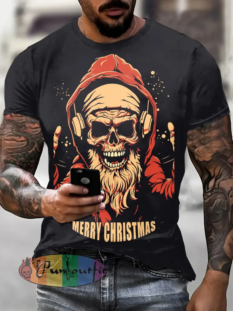 Men’s Gothic Christmas Skull Printed Vintage Fashion Loose Short Sleeve T-Shirt