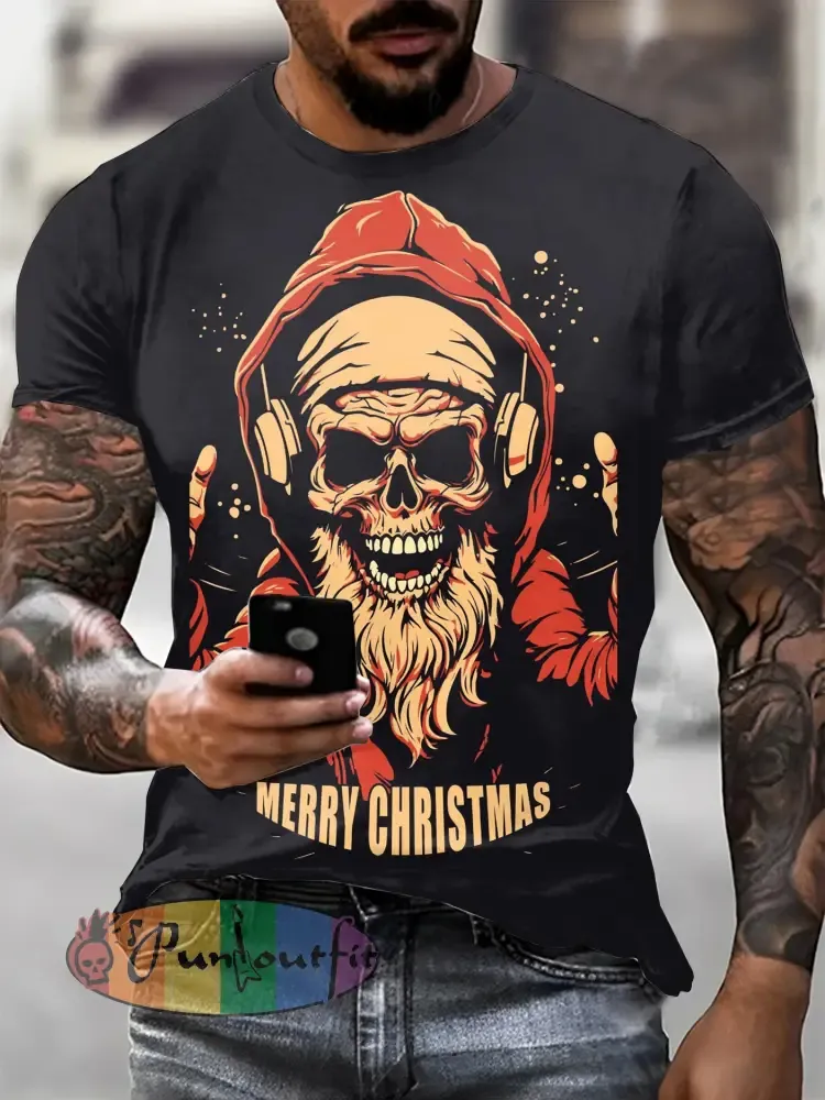 Men’s Gothic Christmas Skull Printed Vintage Fashion Loose Short Sleeve T-Shirt