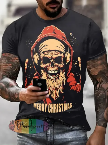 Men’s Gothic Christmas Skull Printed Vintage Fashion Loose Short Sleeve T-Shirt