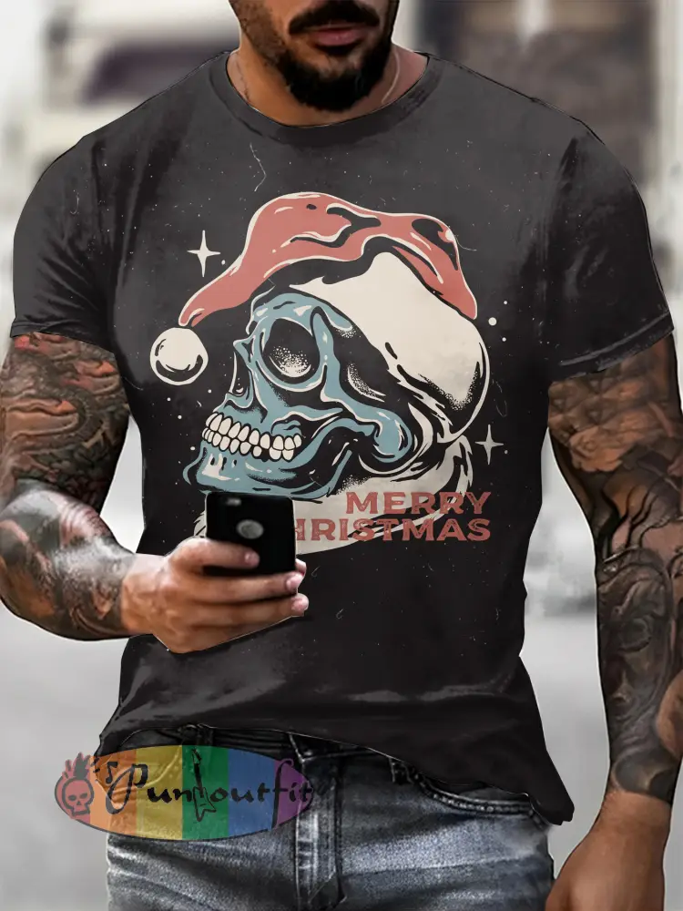 Men’s Gothic Christmas Skull Printed Vintage Fashion Loose Short Sleeve T-Shirt