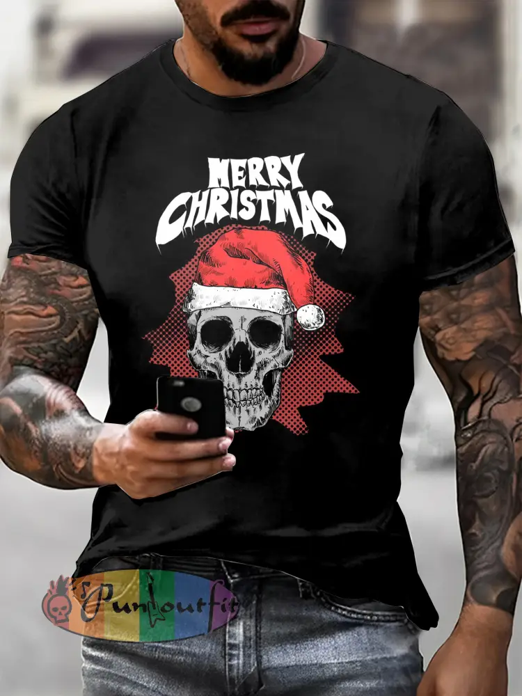 Men’s Gothic Christmas Skull Printed Vintage Fashion Loose Short Sleeve T-Shirt
