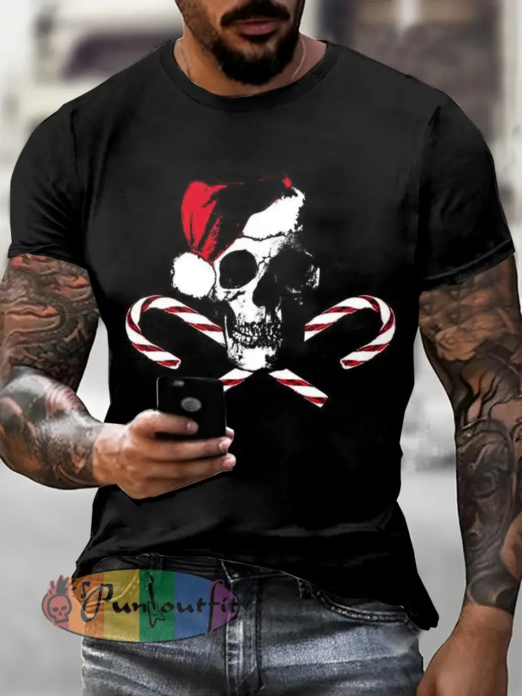 Men’s Gothic Christmas Skull Printed Vintage Fashion Loose Short Sleeve T-Shirt