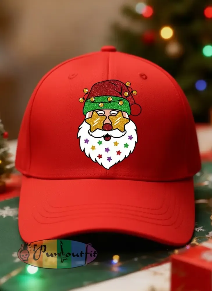 Retro Christmas Santa Sunglasses Casual Print Washed Hat